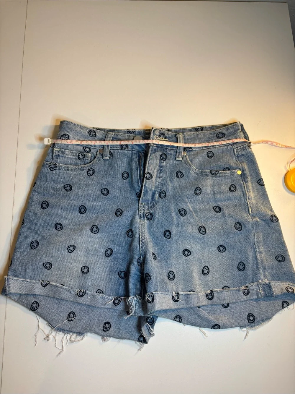 bp Light Blue Denim Shorts with Black Smiley Print
